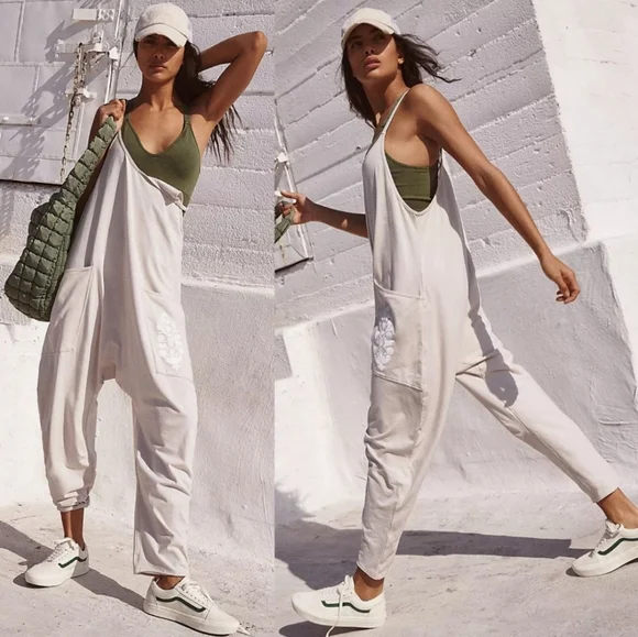 New Free People FP Movement Hot Shot Logo Onesie Mocha Combo Overalls Jumpsuit L - Picture 8 of 16
